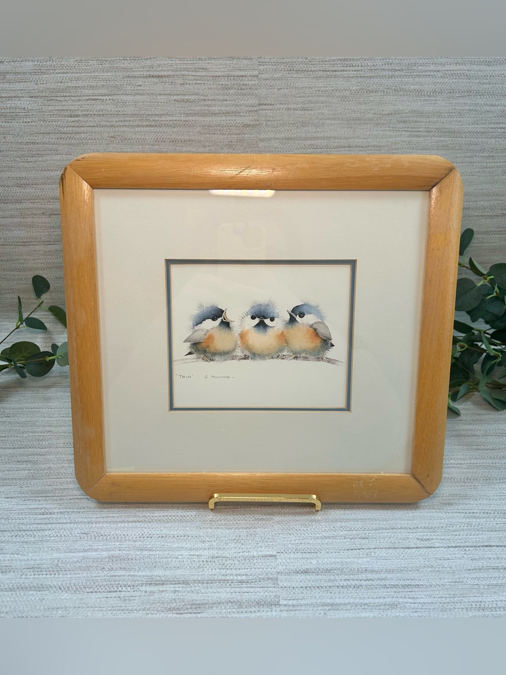 Vintage V. Pfeiffer “Trio” Baby Birds Framed Art Print Wood Frame